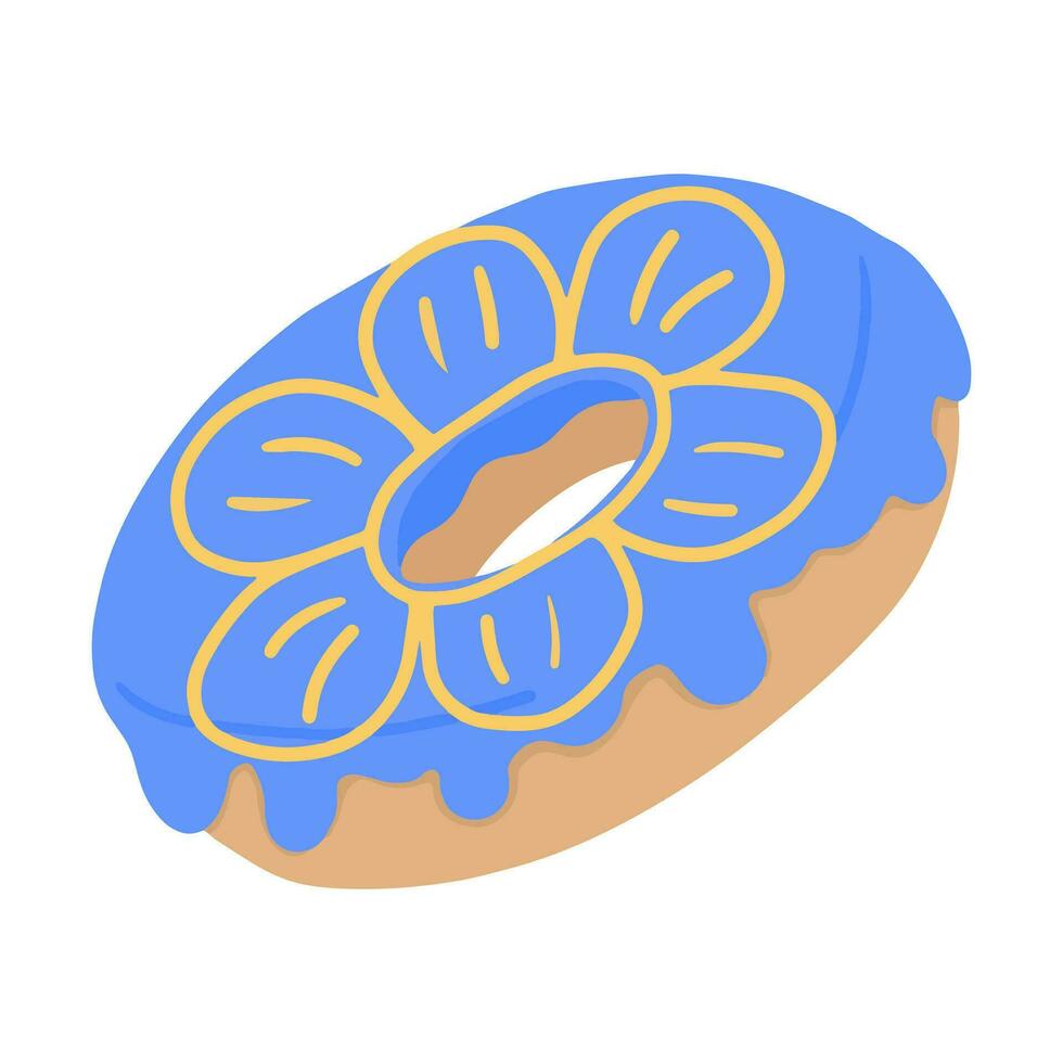 Cartoon colorful tasty donut isolated on white background. Glazed doughnut top view for cake cafe decoration or menu design. Vector flat illustration