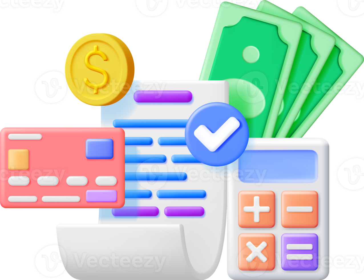 3D Receipt with Money, Bank Card and Calculator png