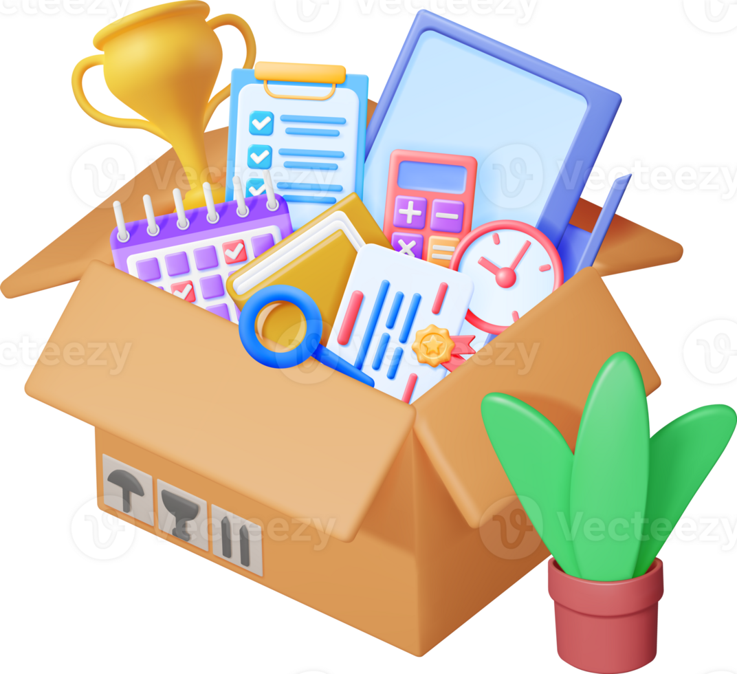 3D Cardboard Box Full of Office Stuff png
