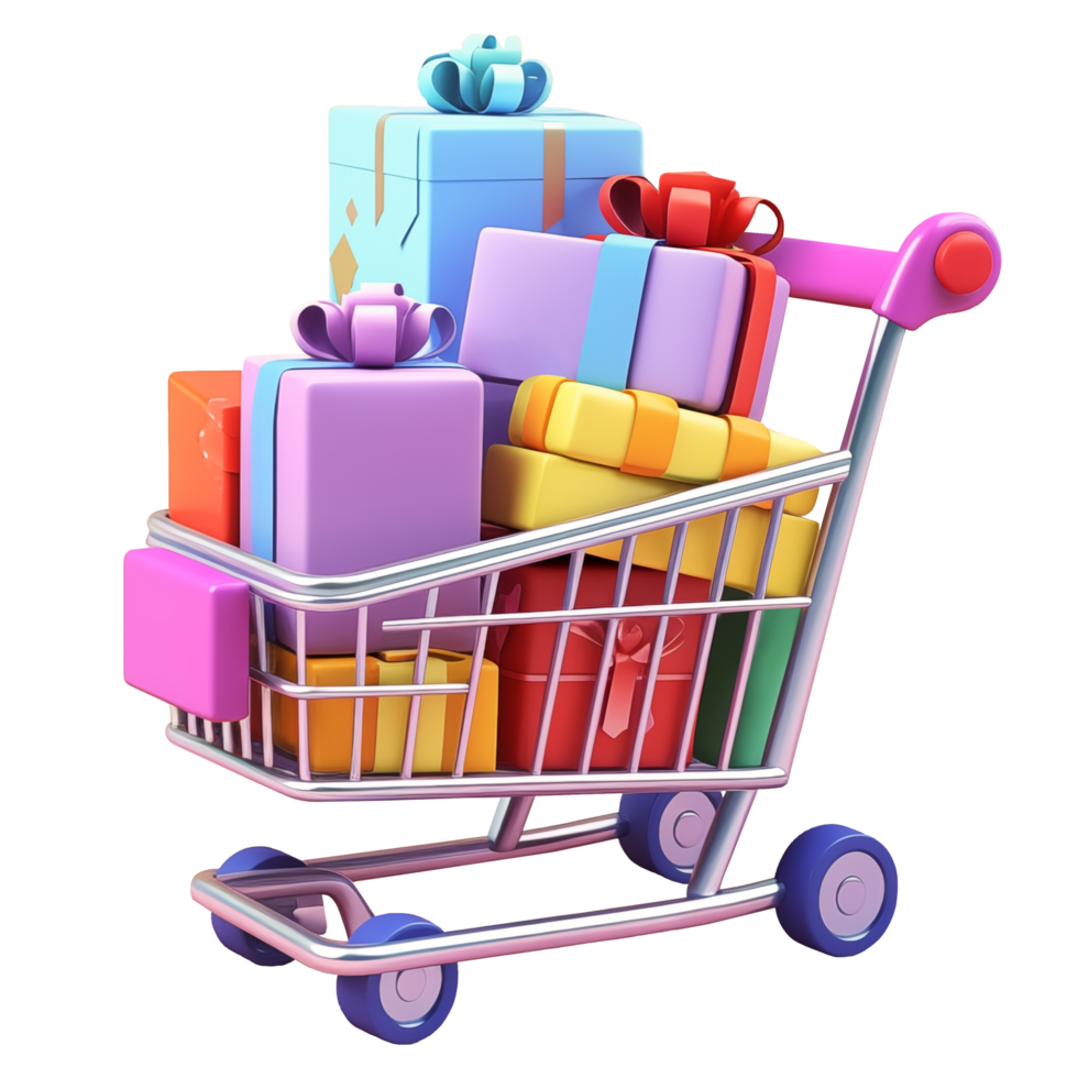 AI generated Shopping trolley containing gift box, 3d design. Suitable for business and online shopping png