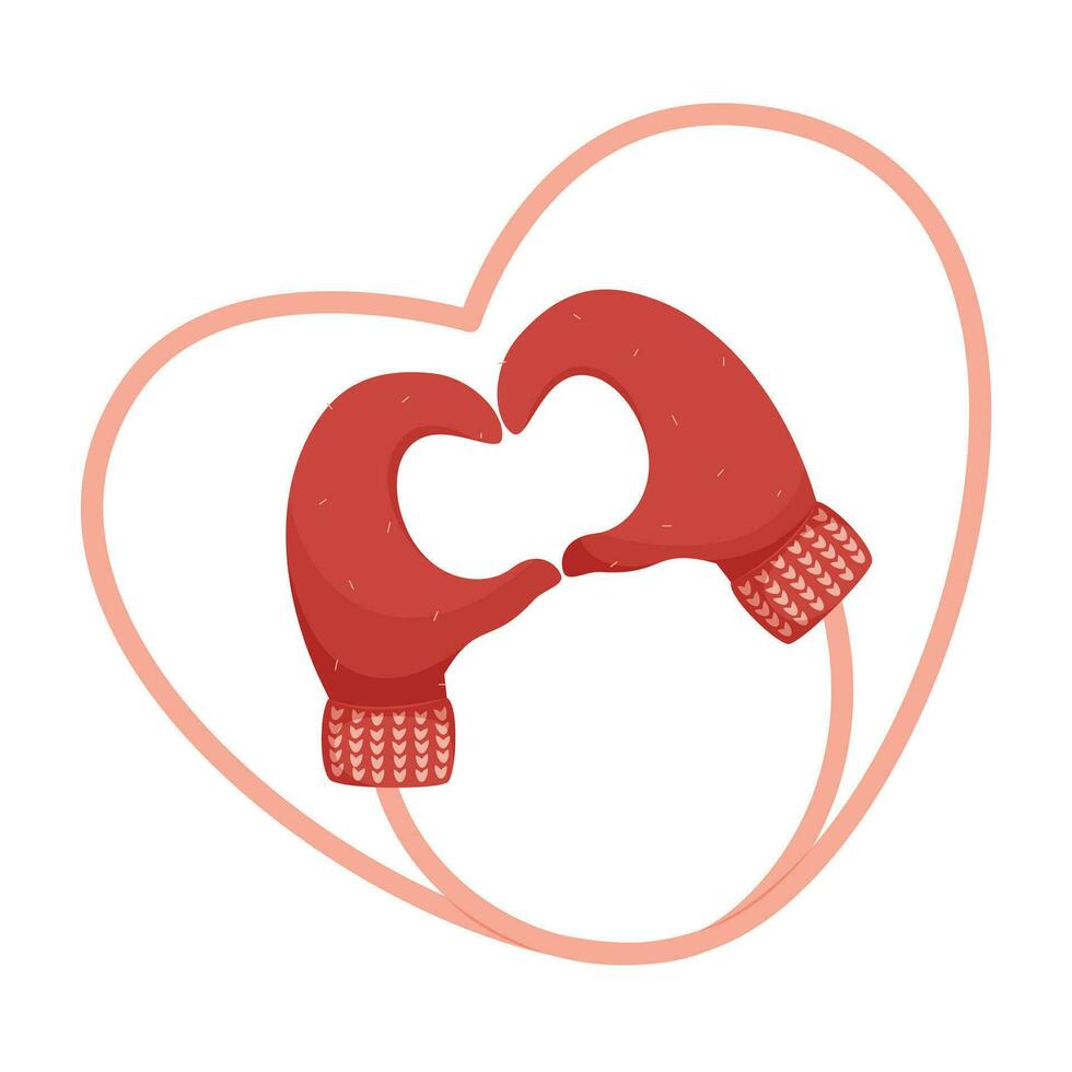 Red mittens show a heart gesture, a symbol of love. Vector illustration on a white background.