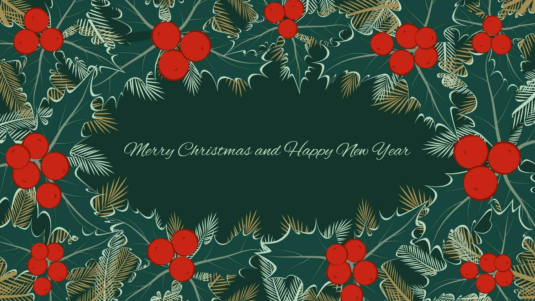 Holiday card with greetings Merry Christmas and Happy New Year in traditional green and red colors. Holly vector illustration.