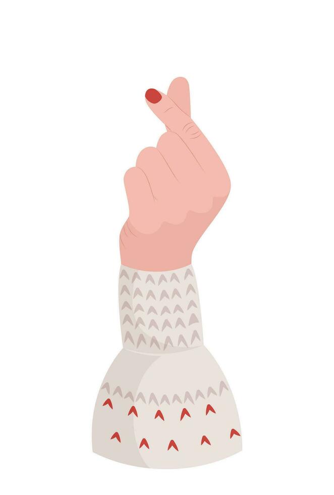 coreano amor signo. vector ilustración de un corazón, un mujer mano en un suéter en un blanco antecedentes.