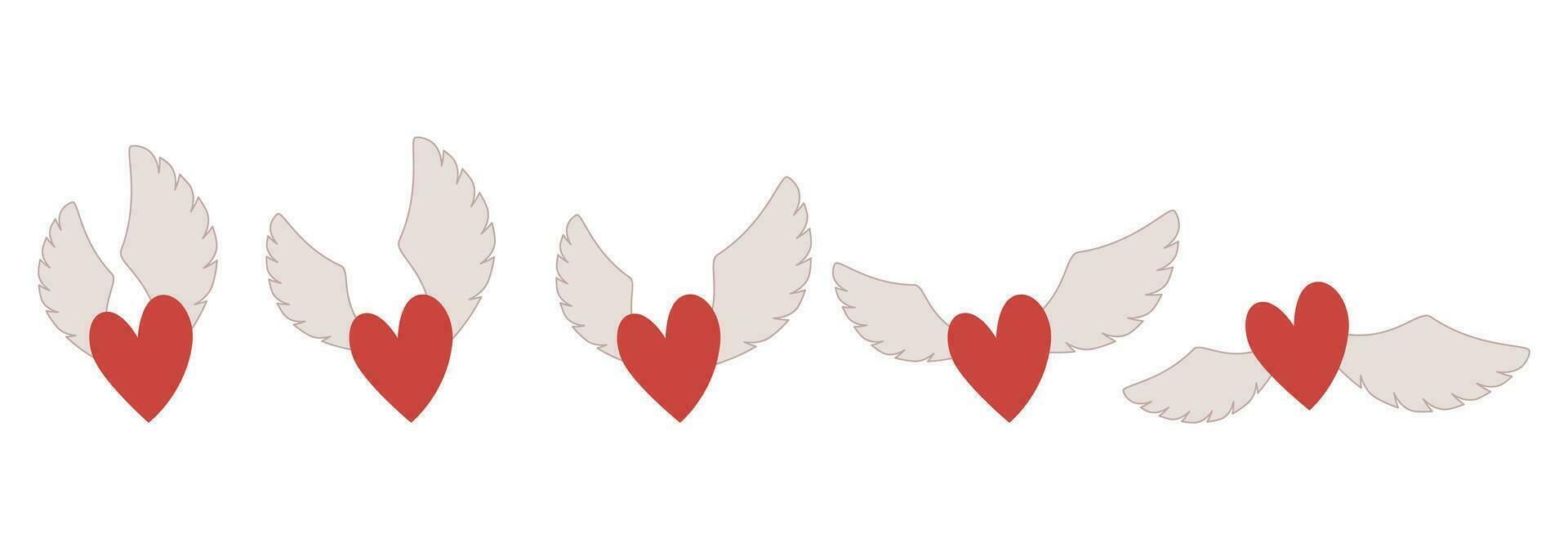 Set of hearts with wings. Vector illustration of valentine's day symbol on white background.