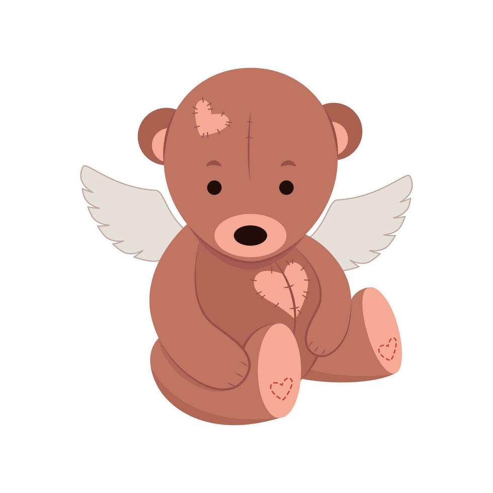 A cute, teddy bear with patches in the shape of a heart, with angel wings, sits. Vector illustration on a white background.