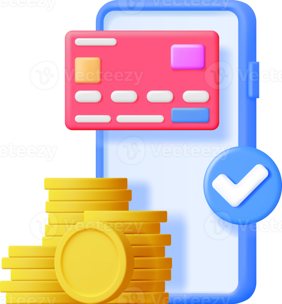 3D Smartphone with Checkmark, Bank Card and Coins png