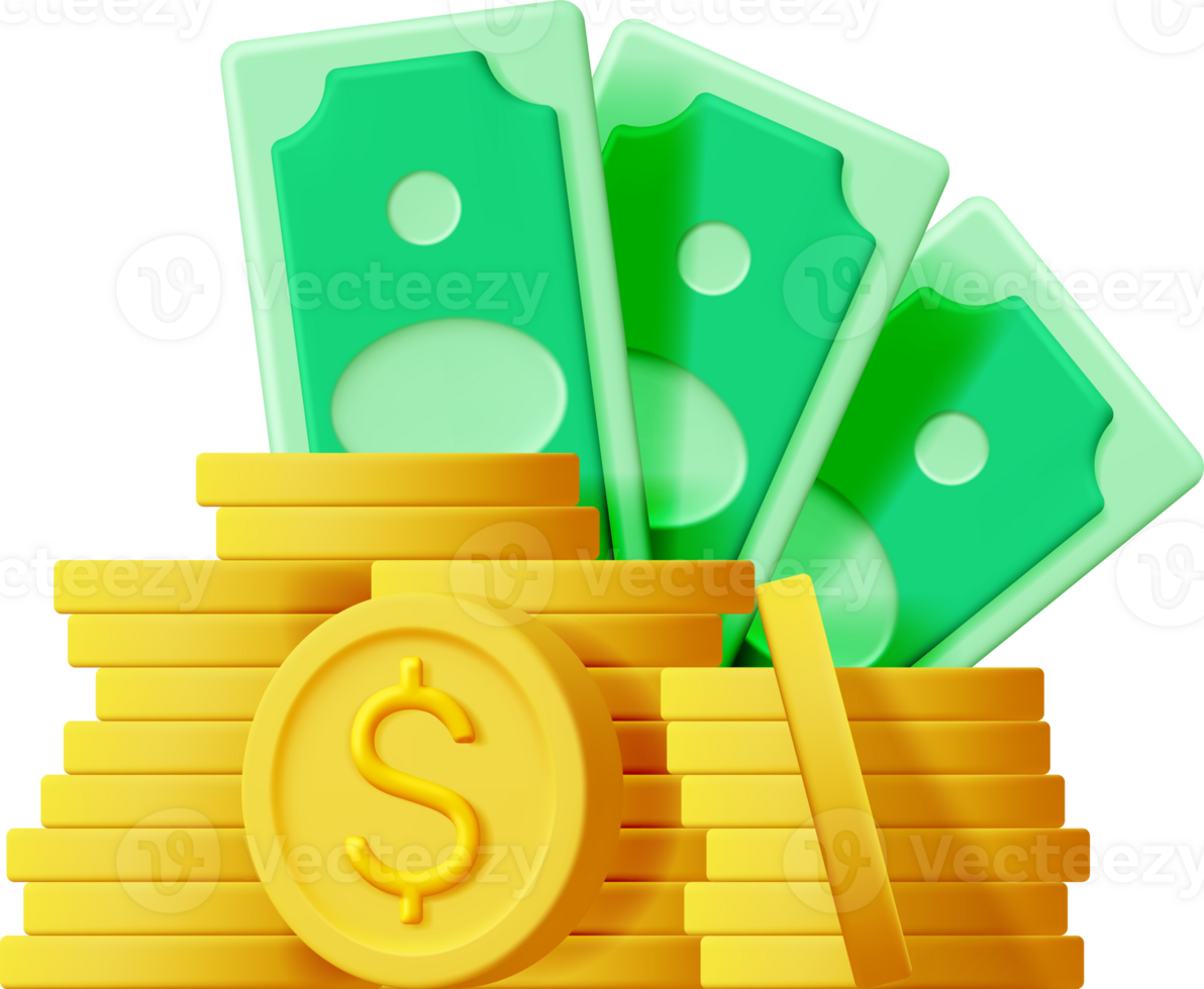 3D Dollar Banknote and Gold Coin png