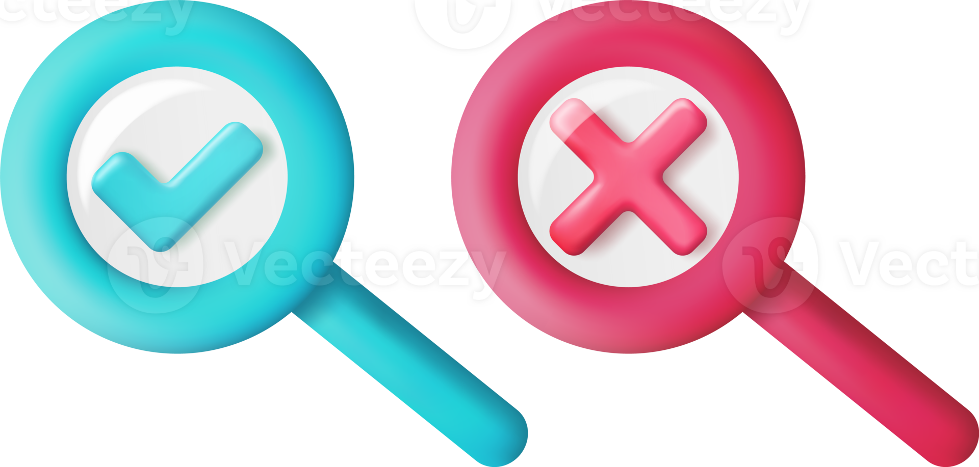 3D Magnifying Glass and Tick and Cross Sign png