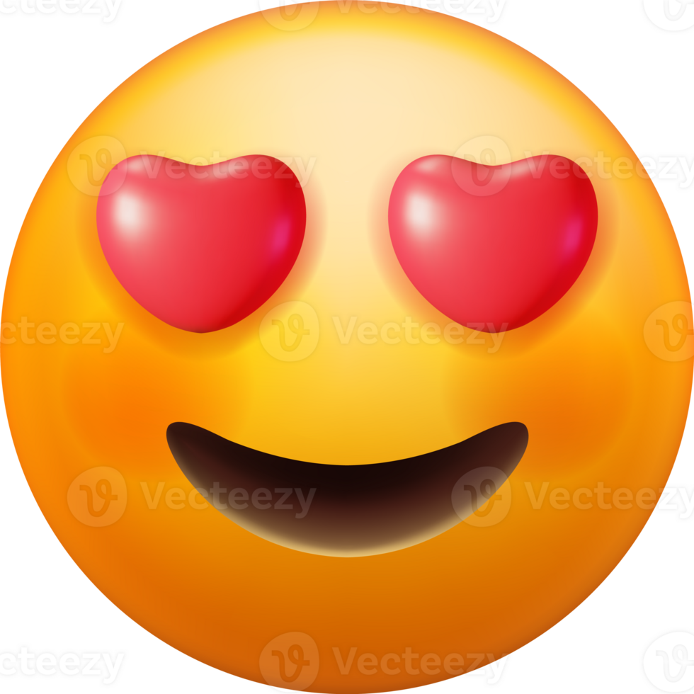 3D Yellow Happy Emoticon with Heart Shaped Eyes png