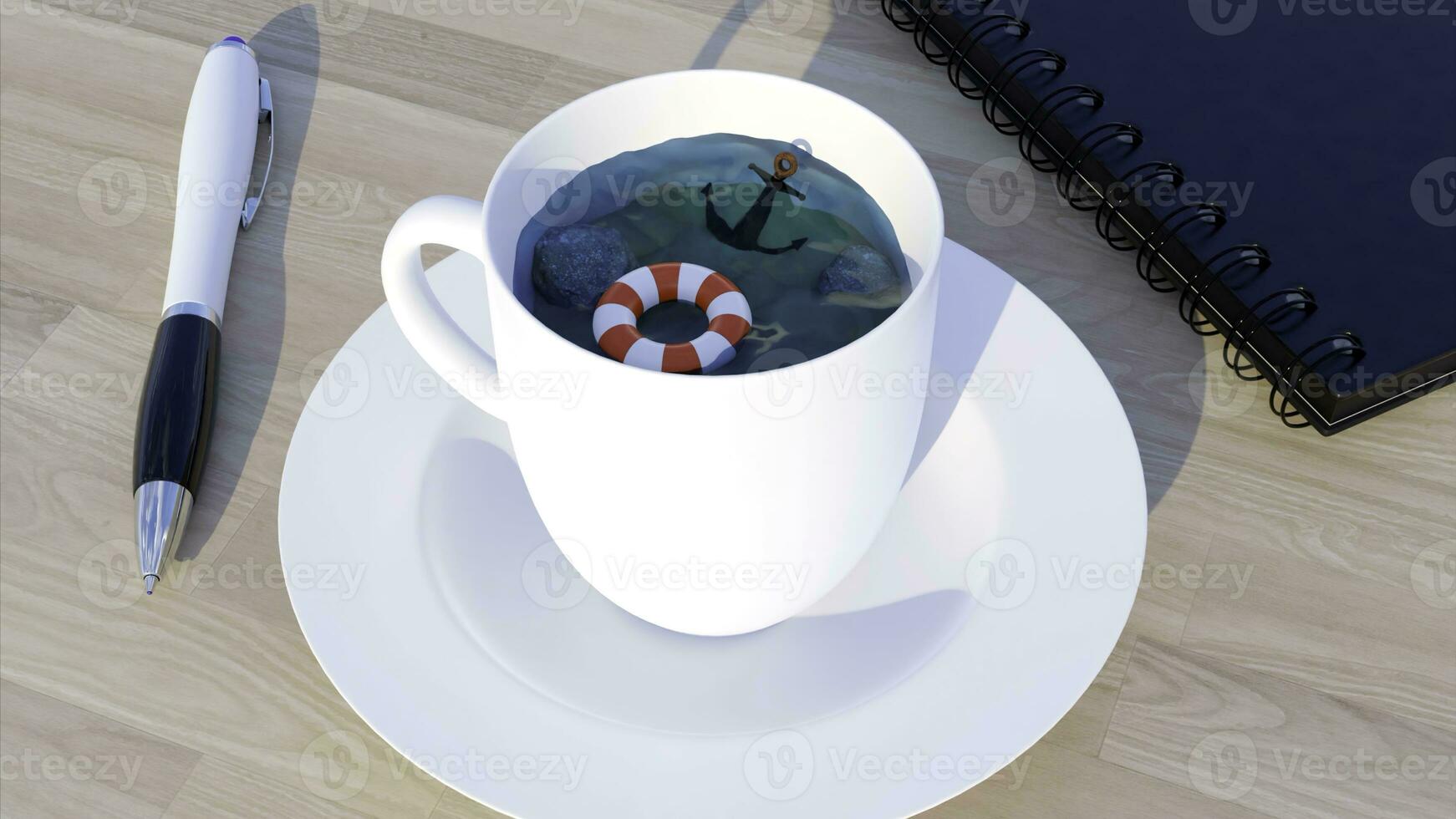 A white mug standing on the desktop. Design. An interesting still life made in animation where water is poured in a mug, a red lifeline and a black anchor. photo