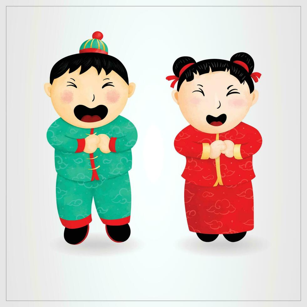 Baby Boys and girls in Chinese New Year festival costumes draw paint illustration cute design vector