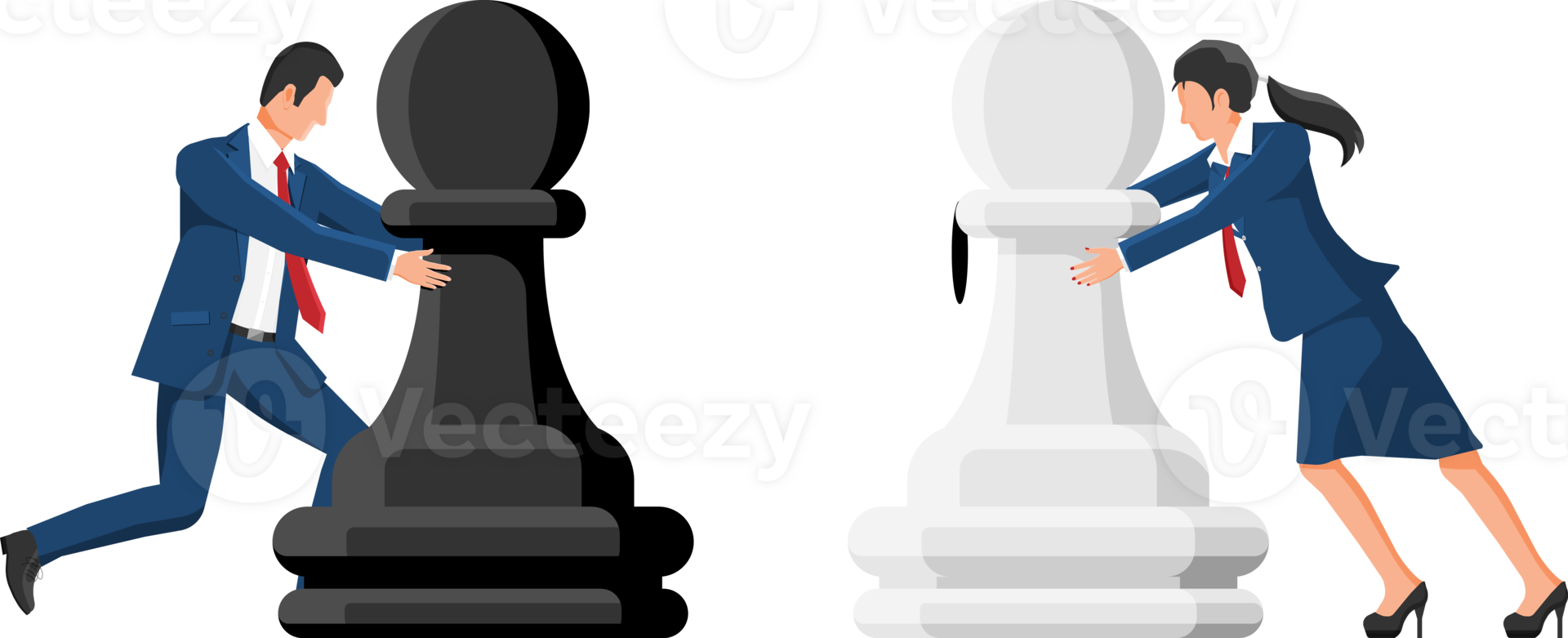 Man and woman competing with chess pieces png