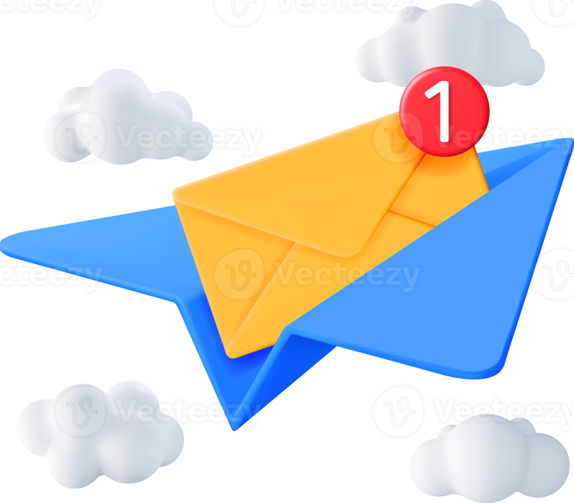 3D Mail Envelope in Paper Plane and Notification png