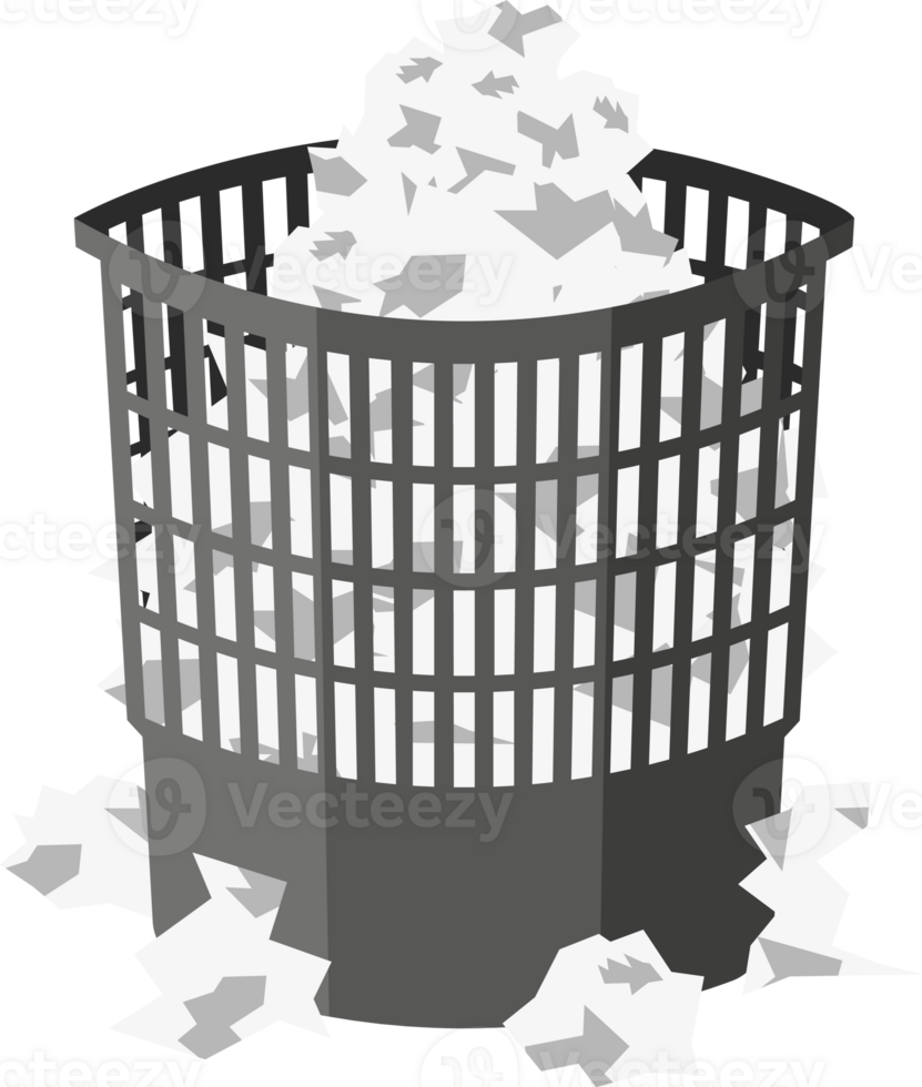 Trash Can with Crumpled Paper Inside and Around. png