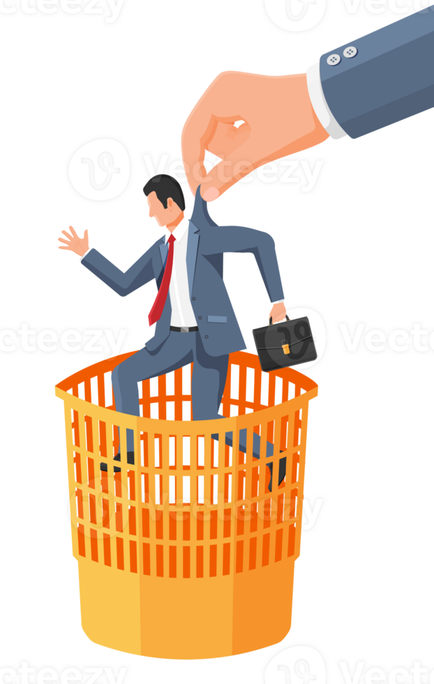 Big hand throwing businessman into trash can png