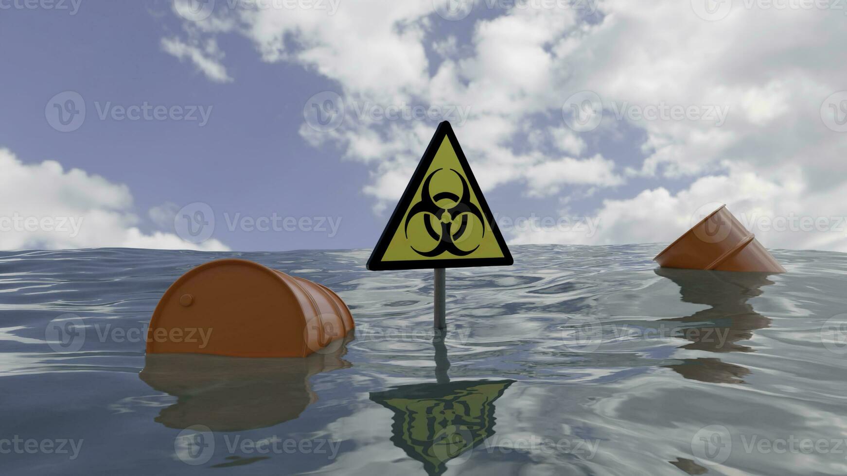 Concept of water pollution and ecology problems. Design. Barrels of fuel and biohazard sign above waving water surface. photo