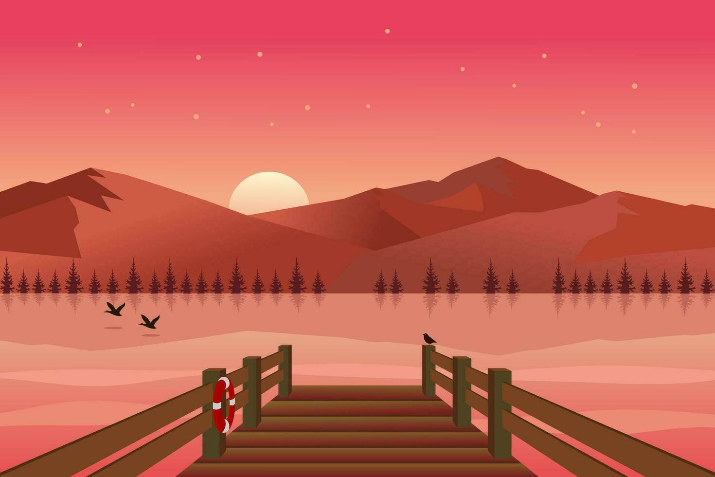 costa de madera muelle con lago y montañas a puesta de sol. vector ilustración.