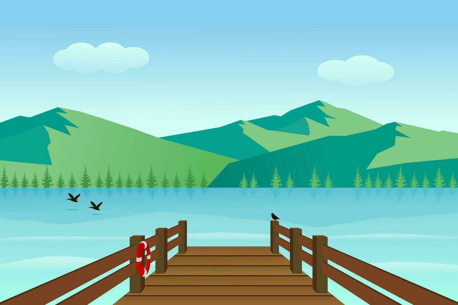 costa de madera muelle con lago y montañas en soleado día. vector ilustración.