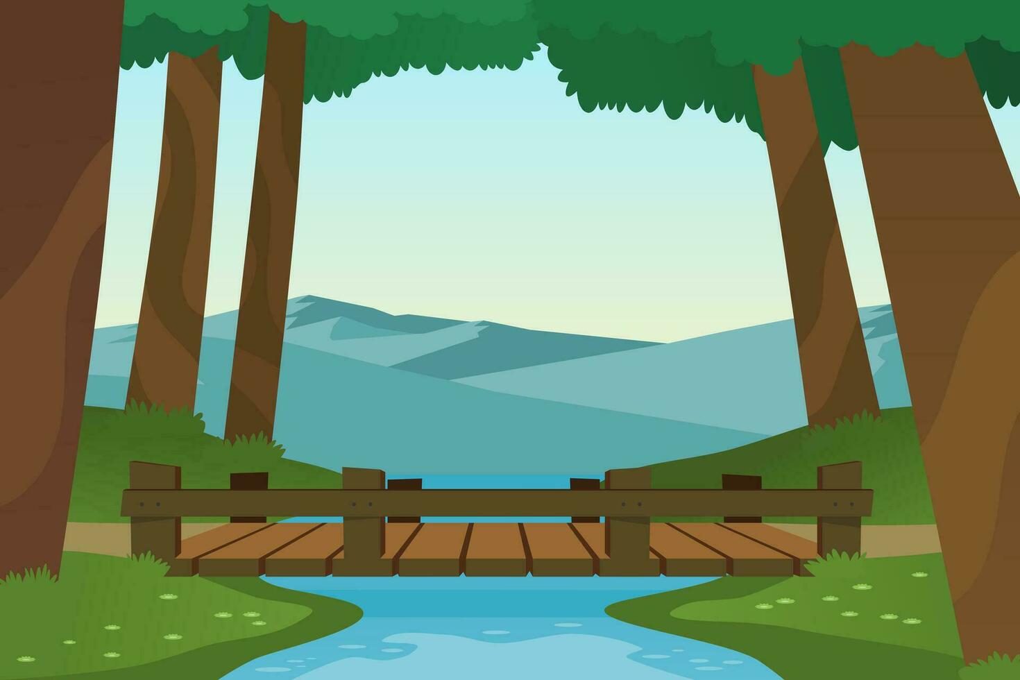 Small wooden bridge in the forest with small river and mountains. Vector illustration.