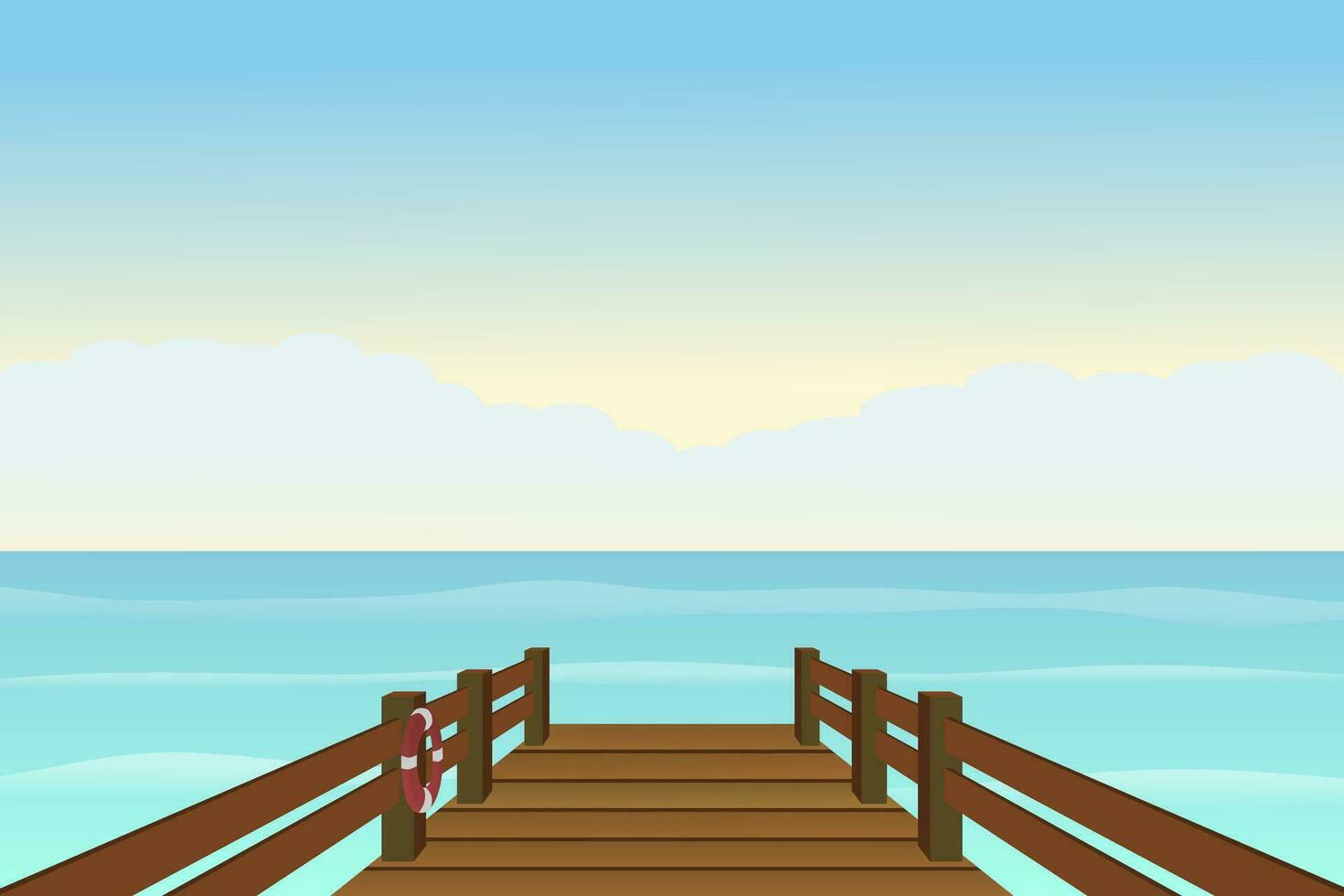 Seashore wooden pier with life-buoy on sunny day. Vector illustration.