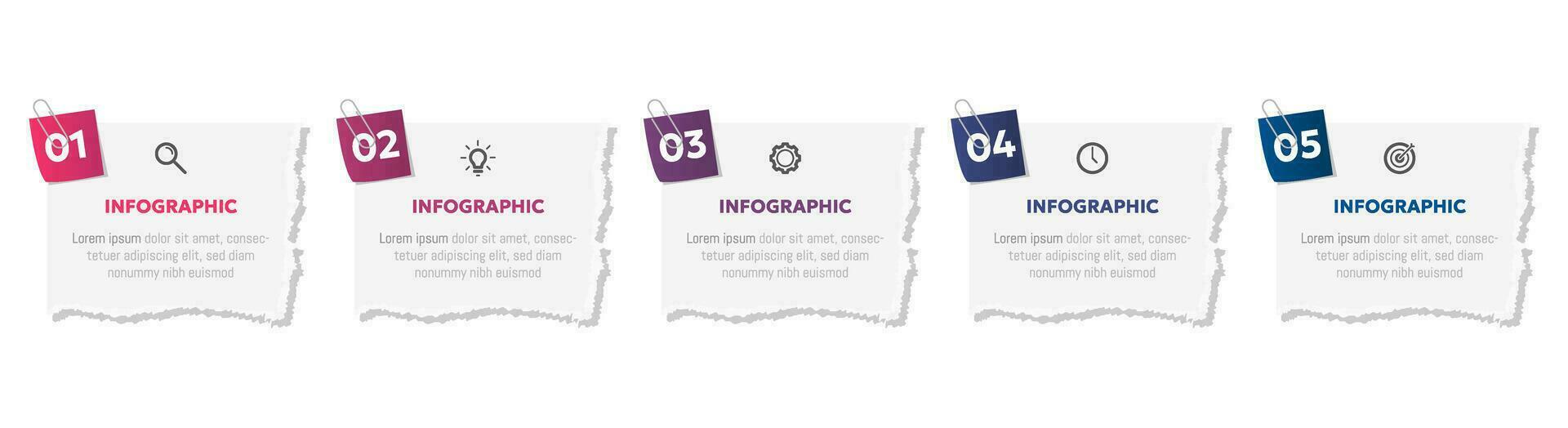 Vector illustration paper cut note infographic template with 5 options or step icons.