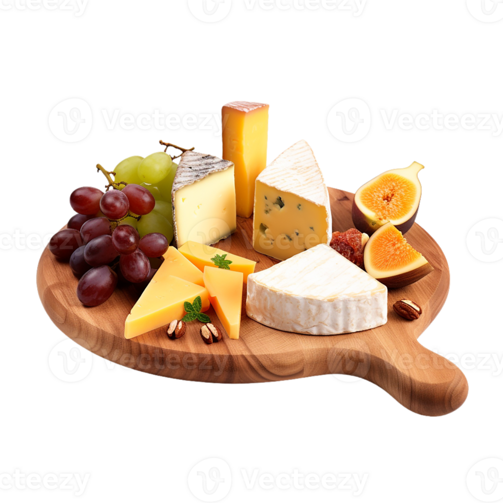AI generated Cheese platter with various cheeses and nuts on transparent background PNG image