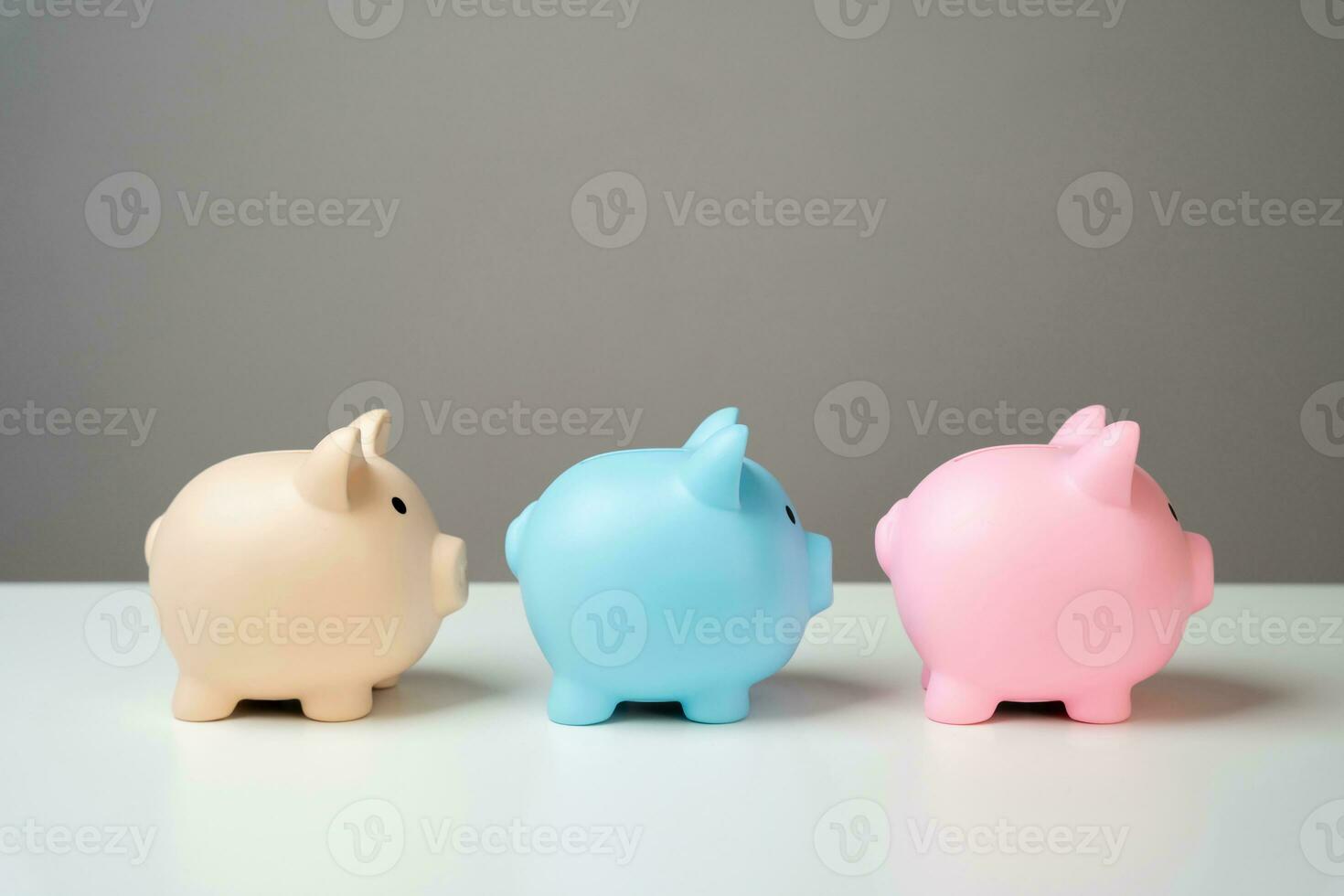 Three piggy banks lined up in a chain. Savings management. Reinvest part of the profits. Dividing the savings into parts. Diversification of income and financial receipts. Movement of capital photo