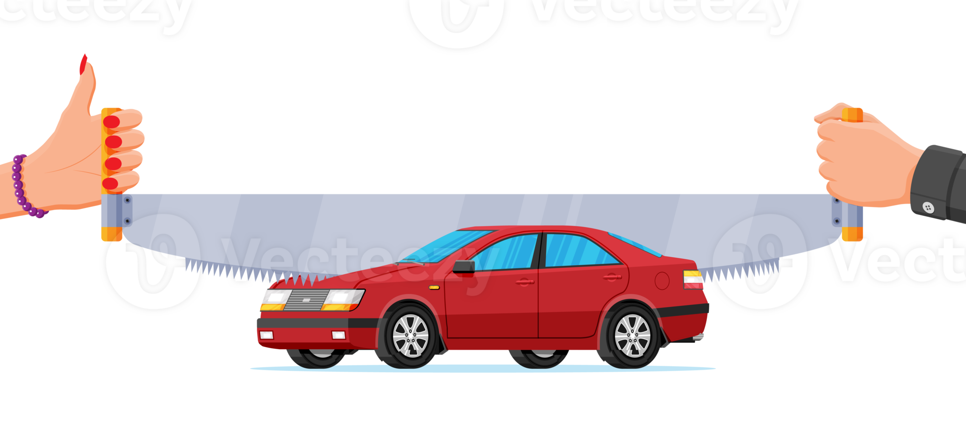 Two handed saw cuts car in half png