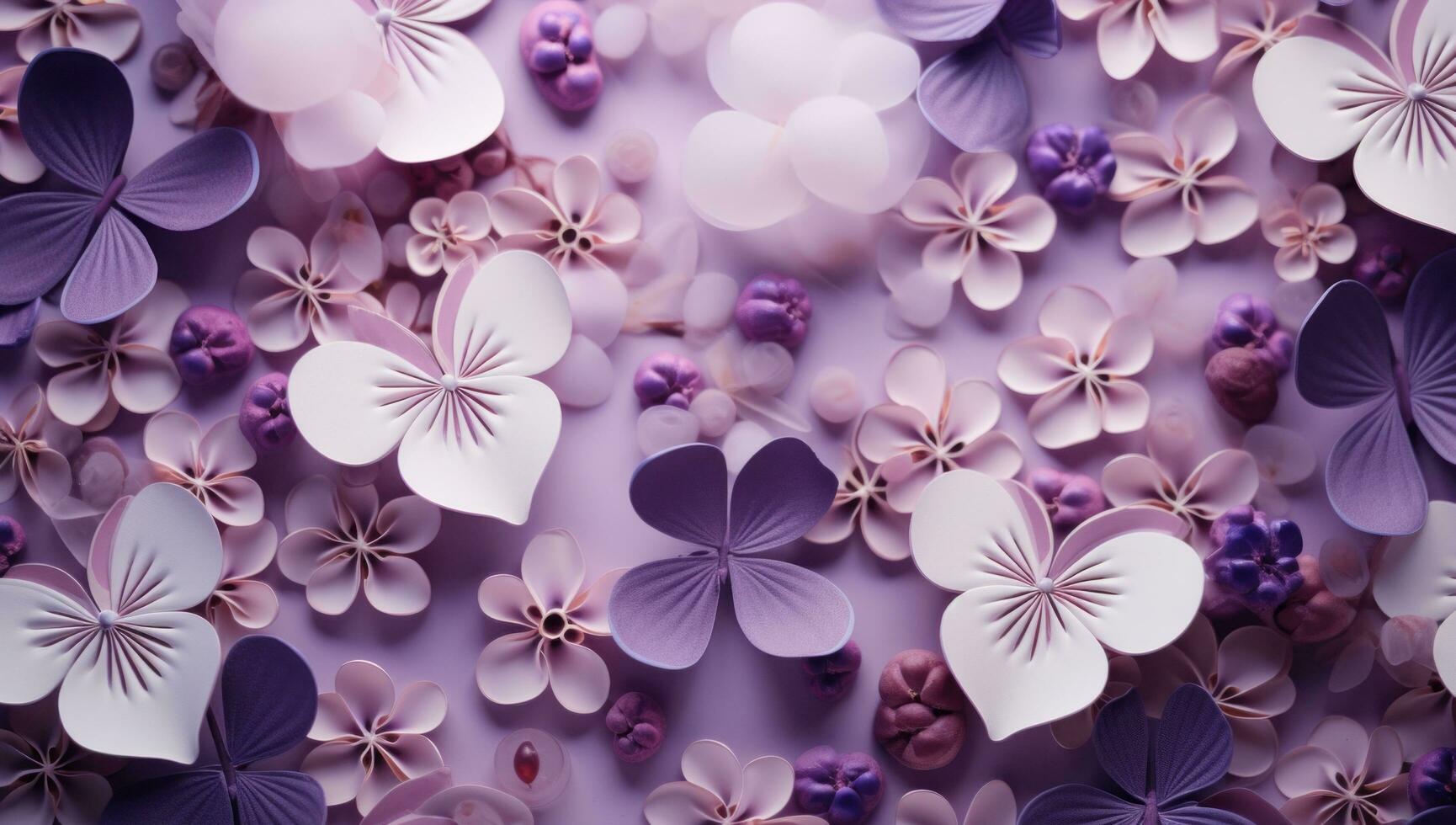 ai generado muchos corazones, flores y corazones terminado púrpura antecedentes foto