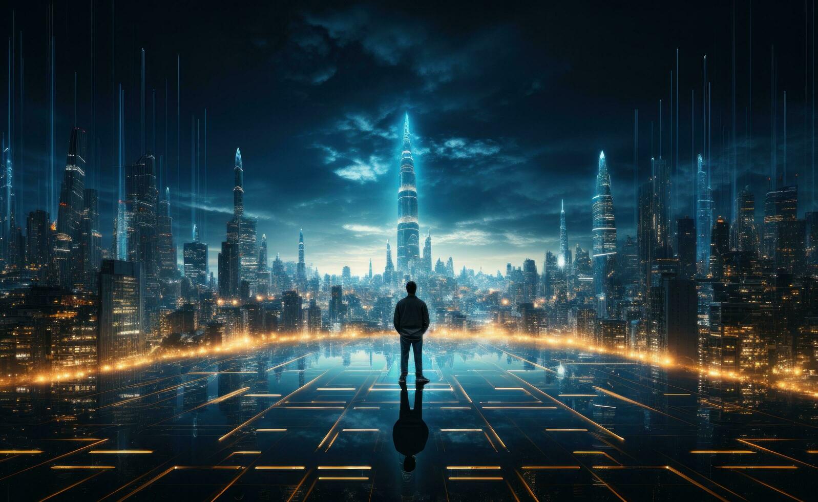 AI generated man stand in the city with blurred lights photo