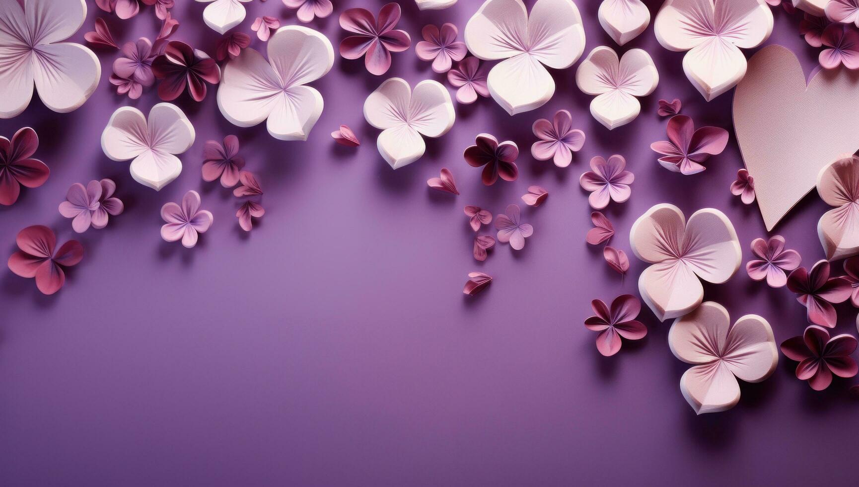 AI generated many hearts, flowers and hearts over purple background photo