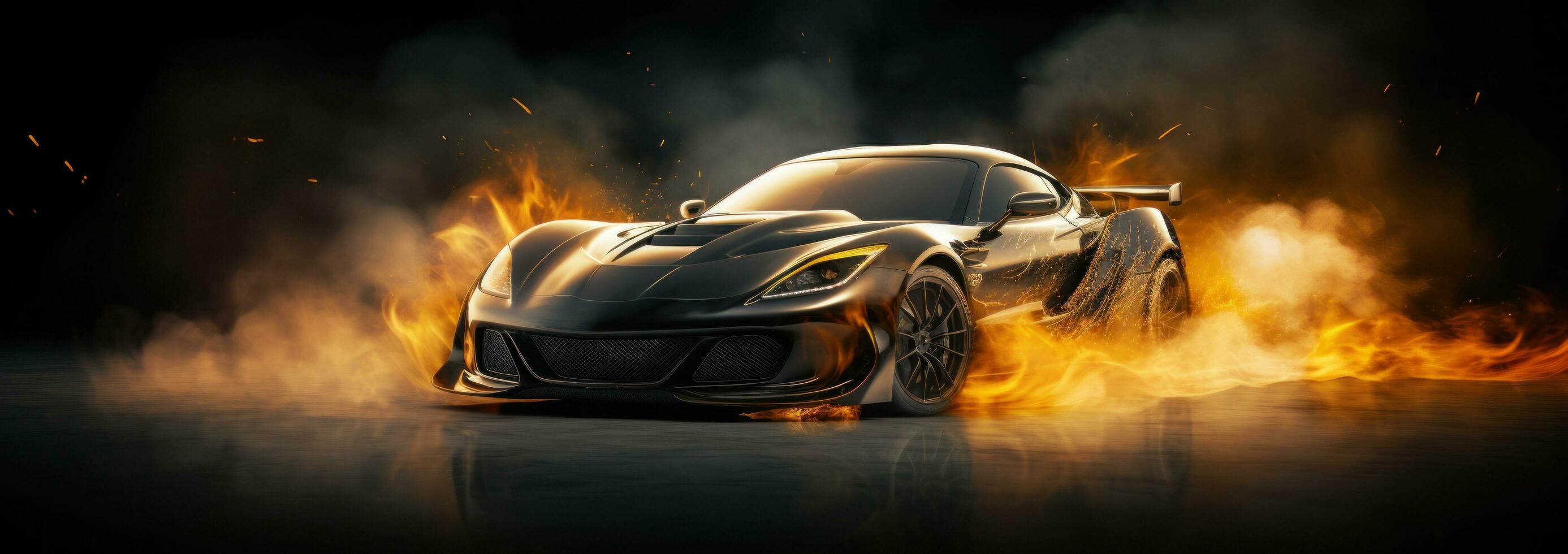 ai generado negro rápido Deportes coche con llamas viniendo fuera de sus motor foto