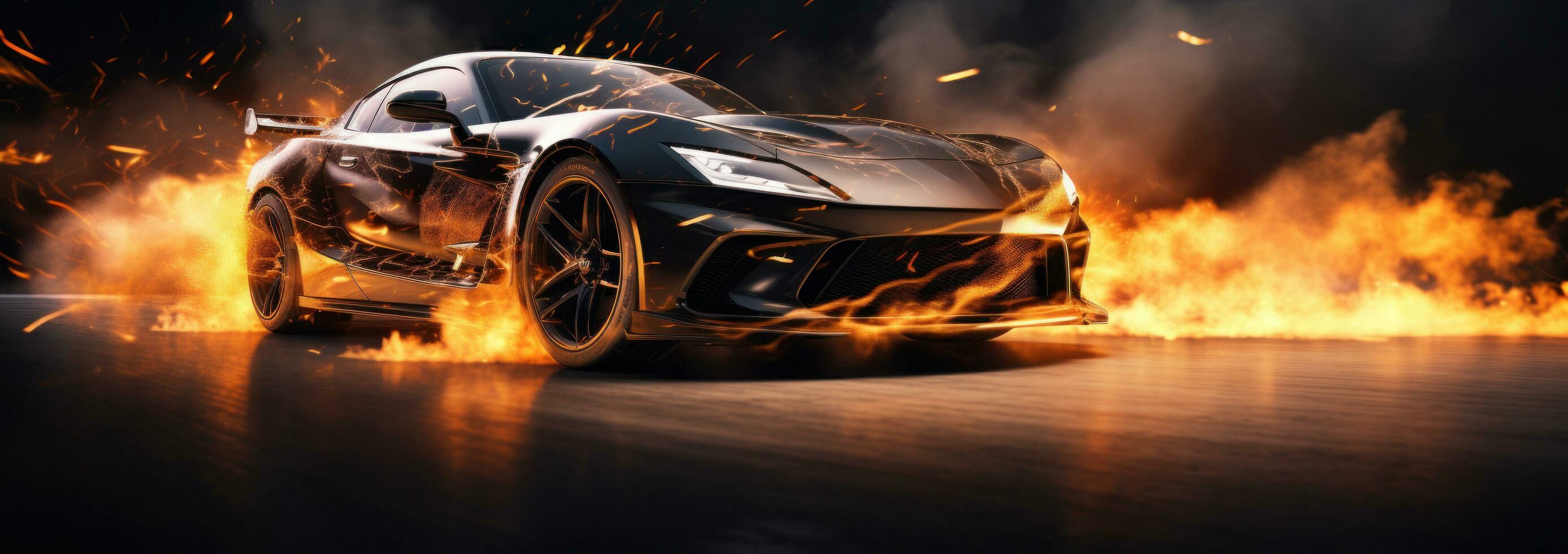 AI generated black fast sports car with flames coming out of its engine photo