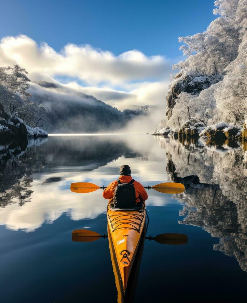 AI generated kayaker paddles down loch ness in snow and ice photo