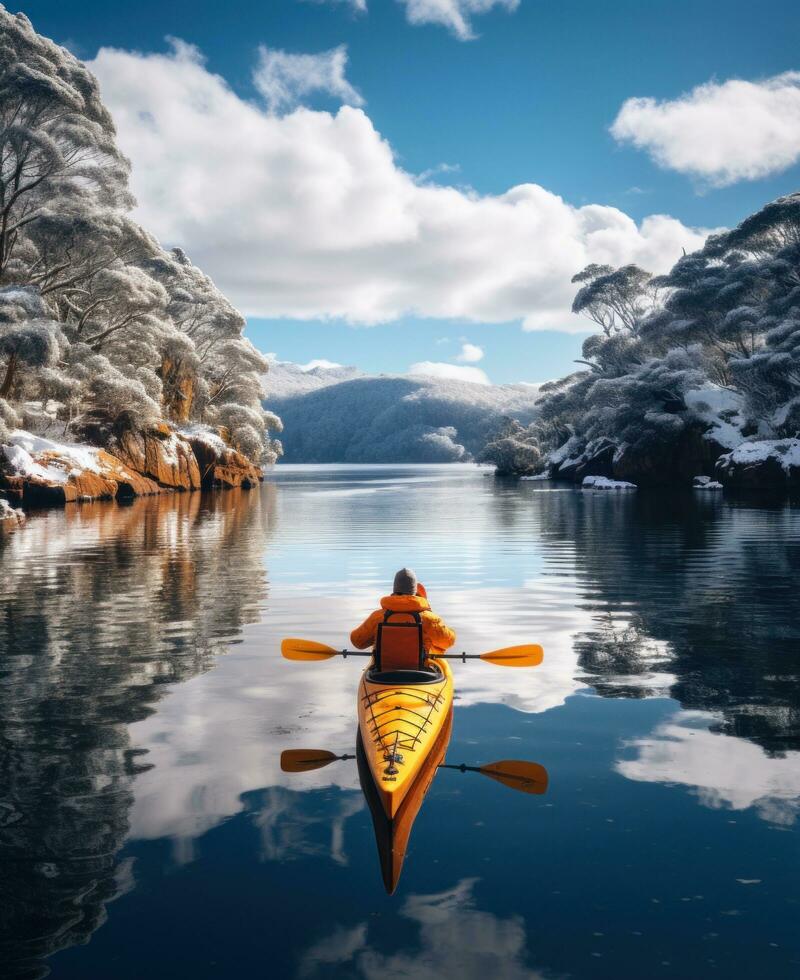 AI generated kayaker paddles down loch ness in snow and ice photo