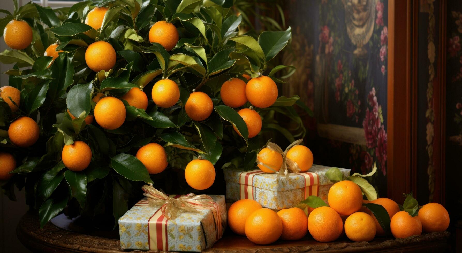 ai generado Fresco naranjas y regalos en un Navidad árbol foto