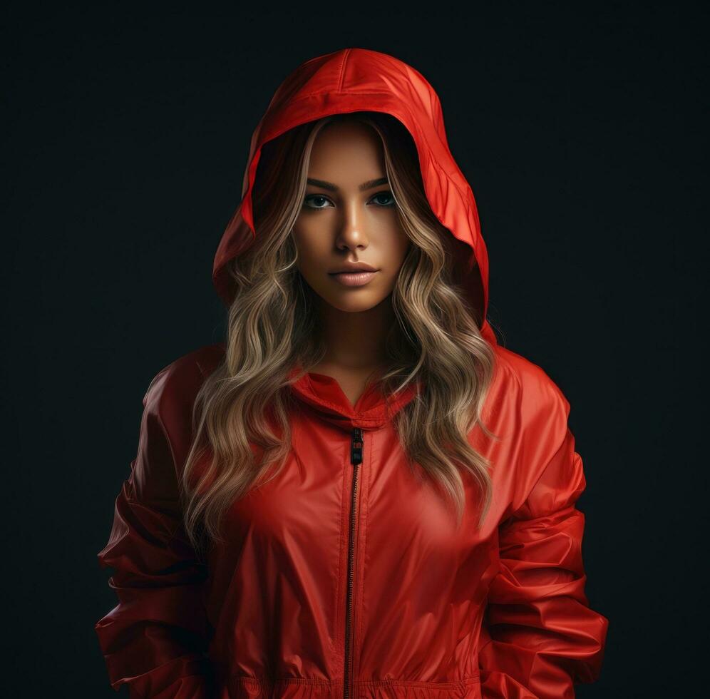 ai generado niña con rojo chaqueta posando a oscuro habitación foto