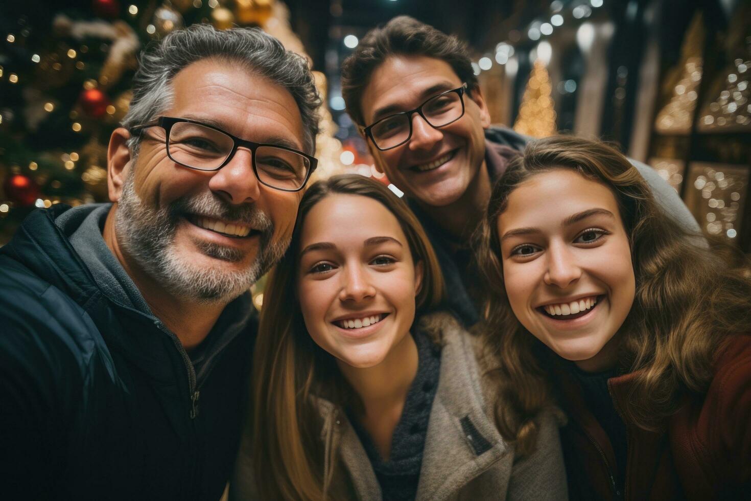 ai generado cuatro personas con Navidad regalos tomando un selfie en frente de Navidad árbol foto