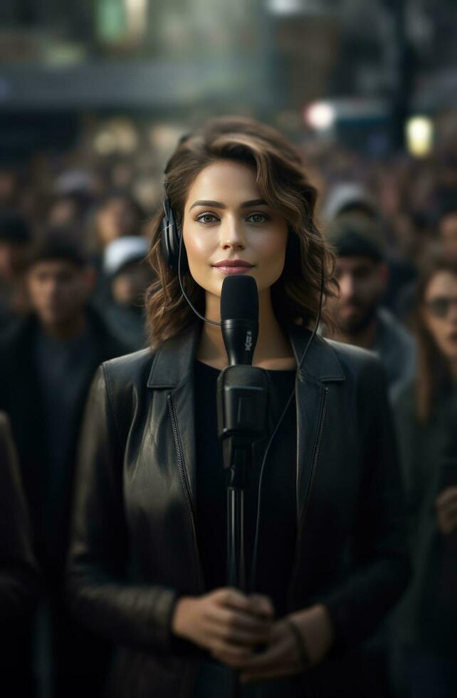 AI generated female news reporter holding a microphone with a crowd of people photo