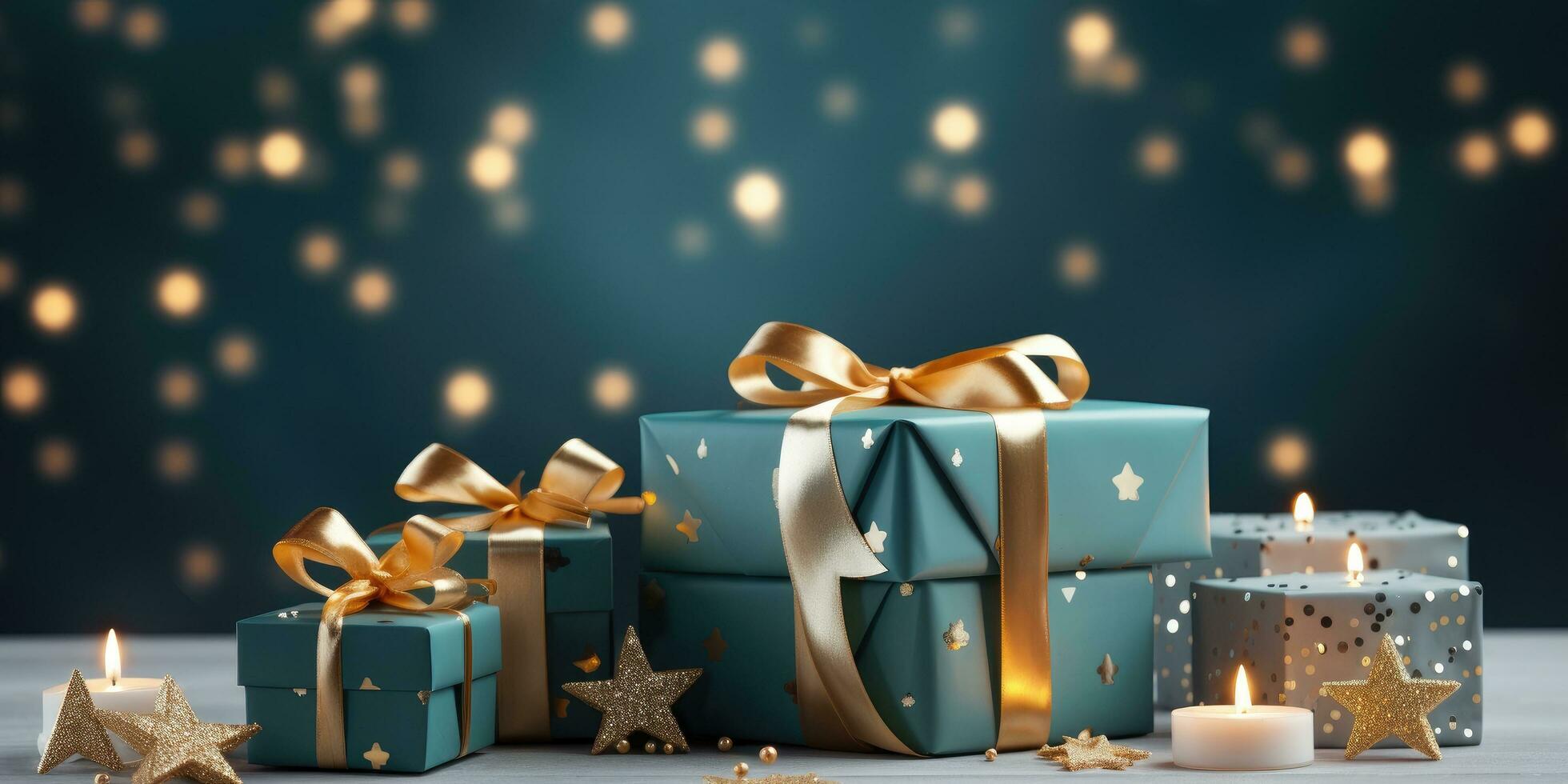 AI generated wrapped present on blue background, with stars photo