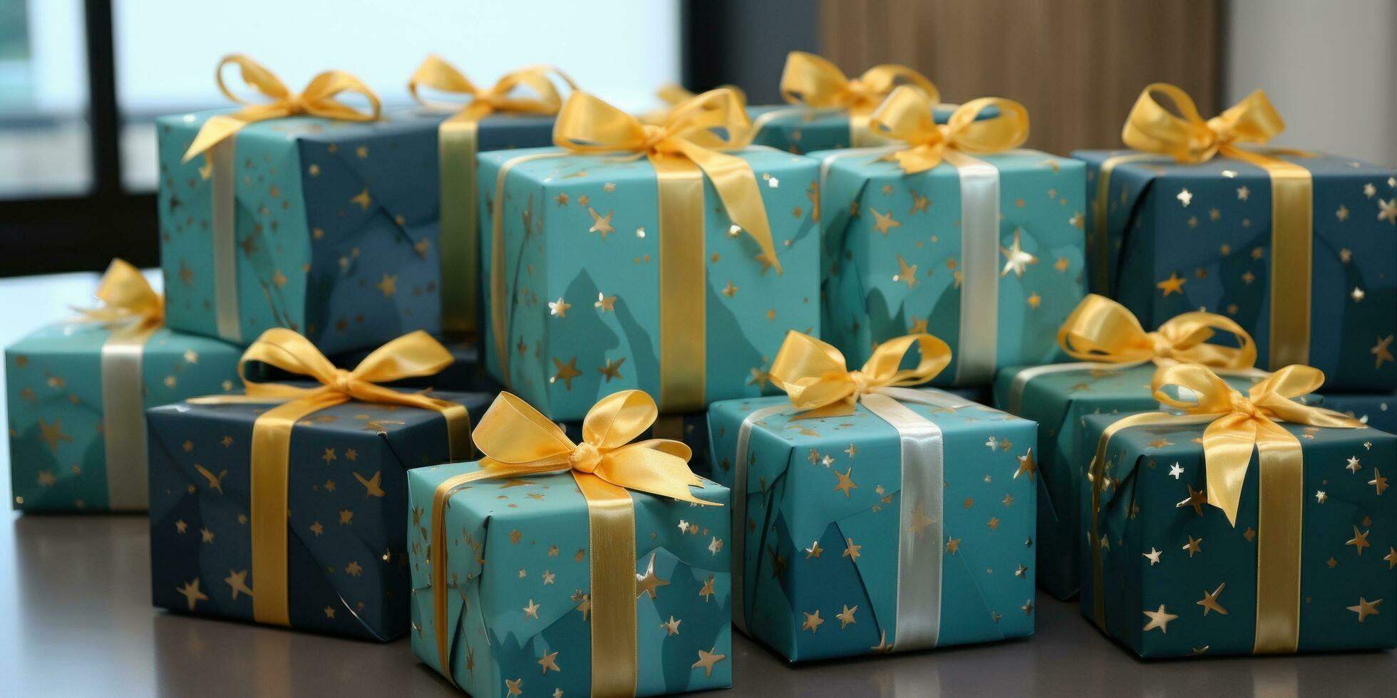 AI generated different colors of gift wrapping boxes and stars gift wrapping photo