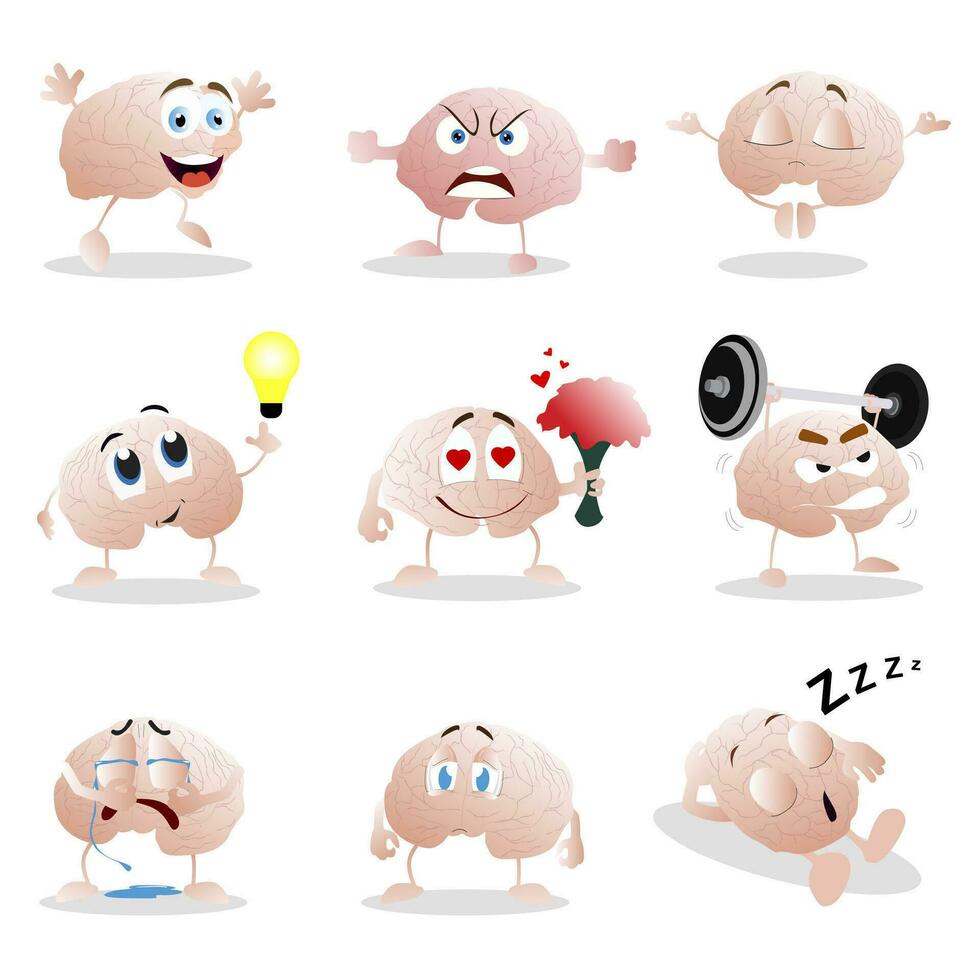 Set of cartoon brain emotion. Funny clip graphic characters. Illustration of brain crying and angry, meditation and thinking, sad and sleep, depressive and enamored vector