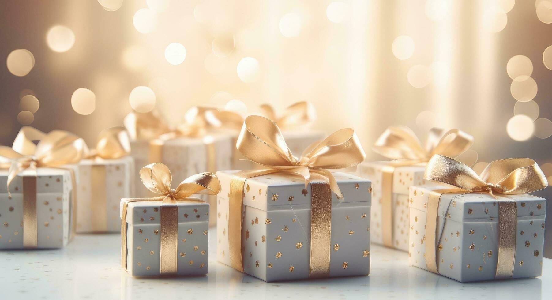 AI generated white and gold gift boxes with gift tags photo