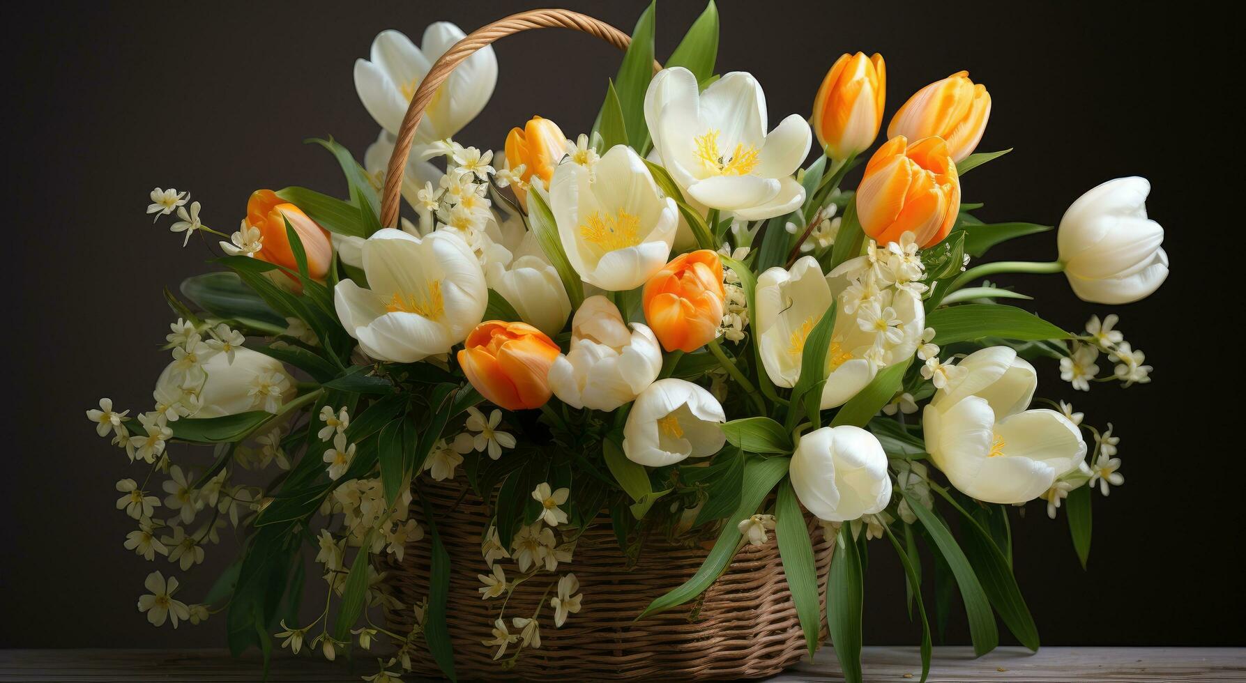 AI generated white and lemon tulips are placed in a basket photo