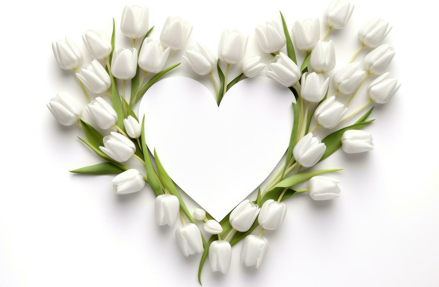 AI generated white sheet heart surrounded by flower bouquets and tulips Valentine's day photo
