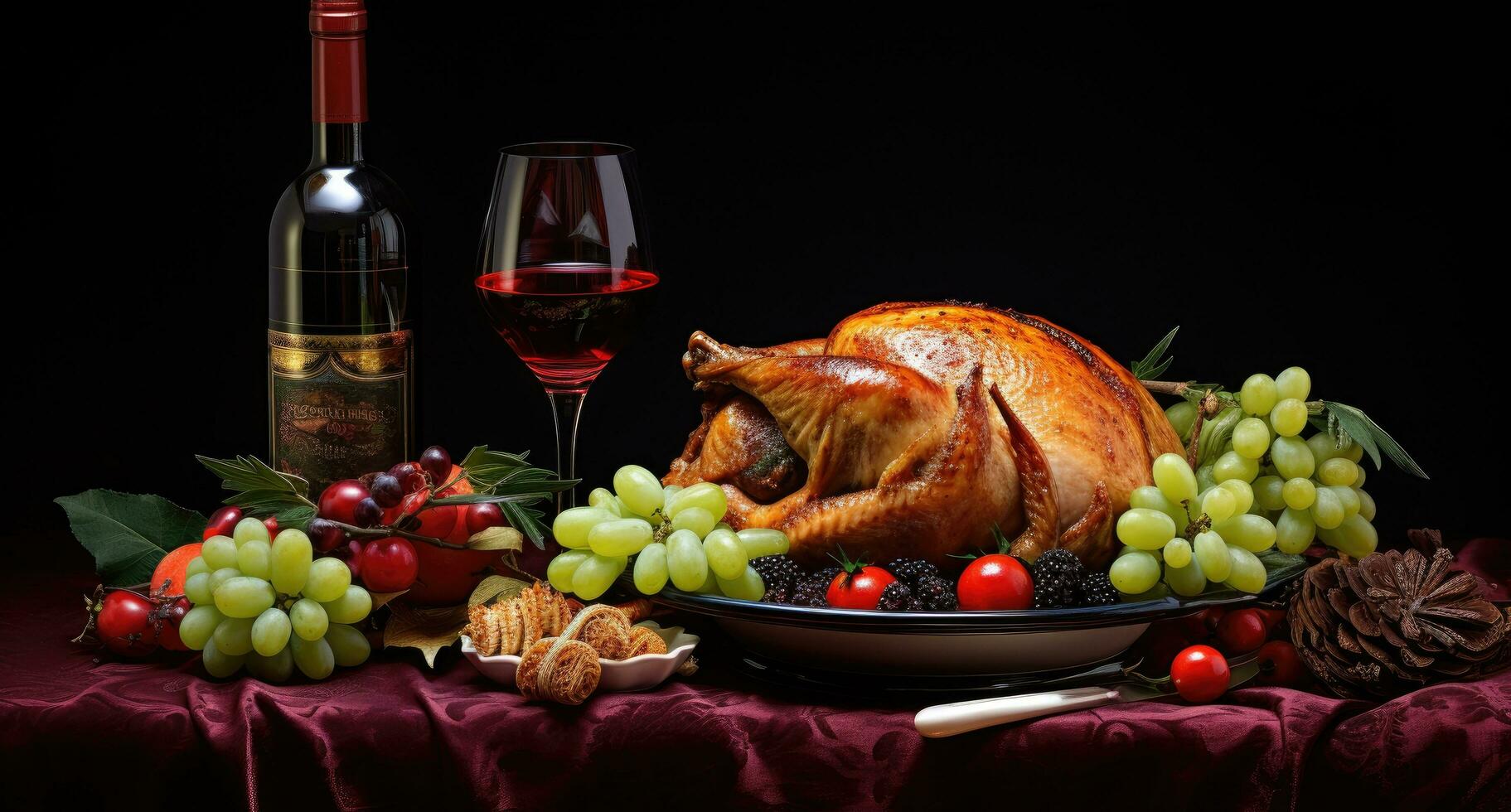 AI generated turkey dinner with some wine at the side turkey photo