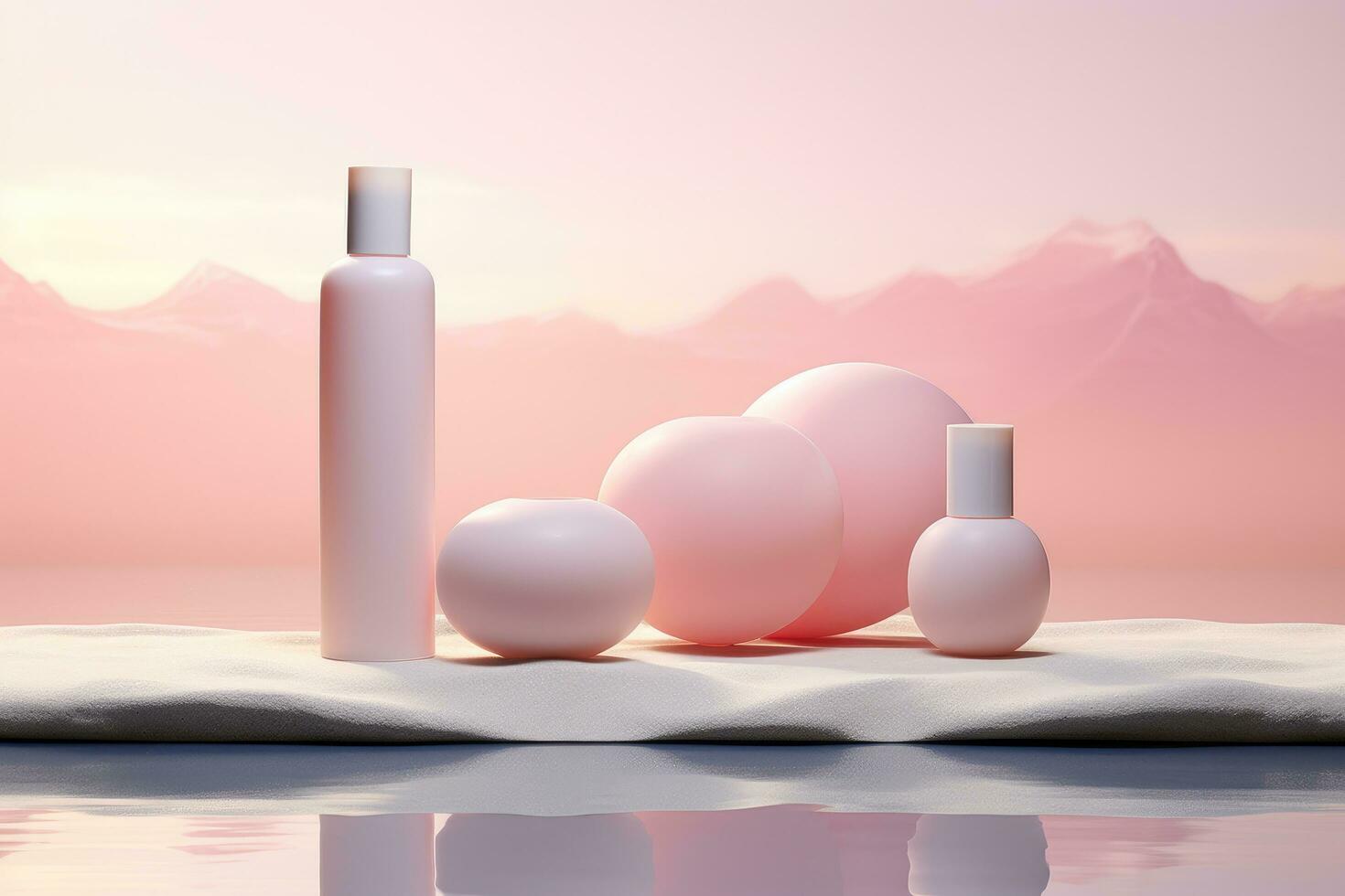 AI generated three soft pink bottles of cleansers and lotion are on a white background photo