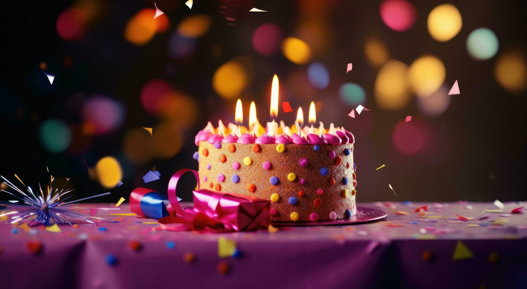 ai generado el cumpleaños pastel es tendido en el mesa en frente de un decorado presente foto