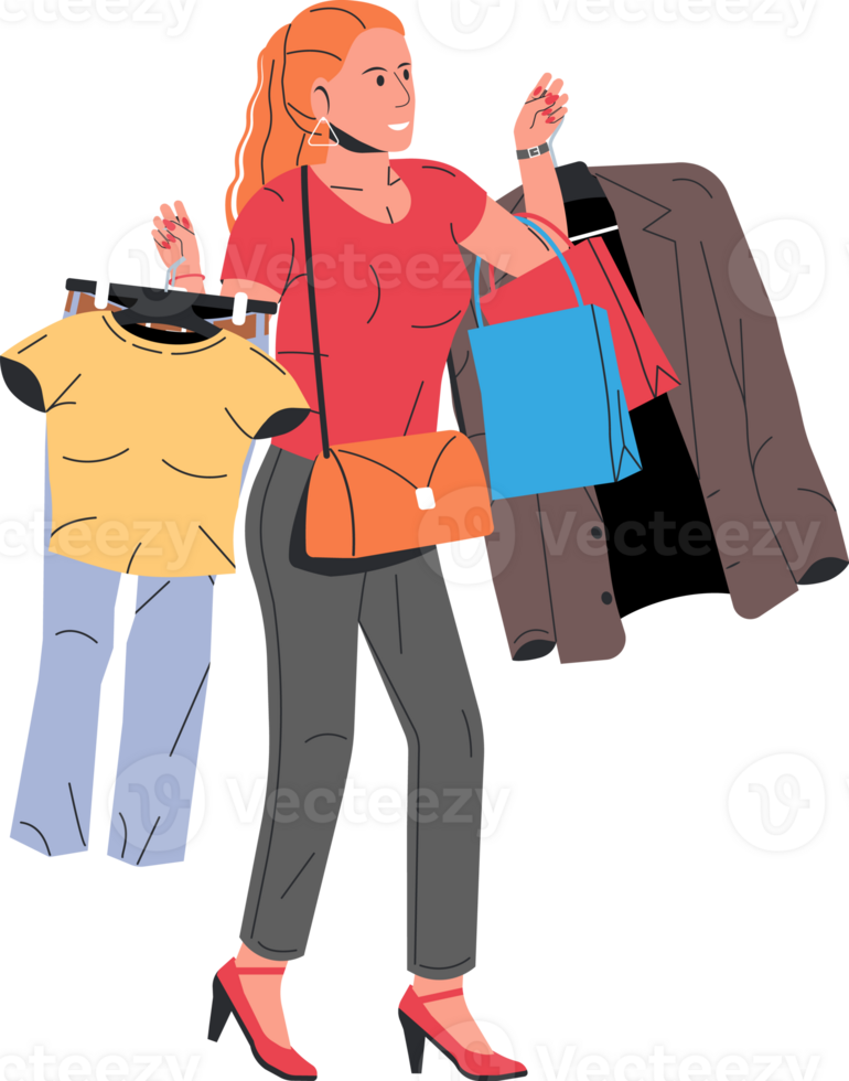 Fashionable woman holding packages with clothes png