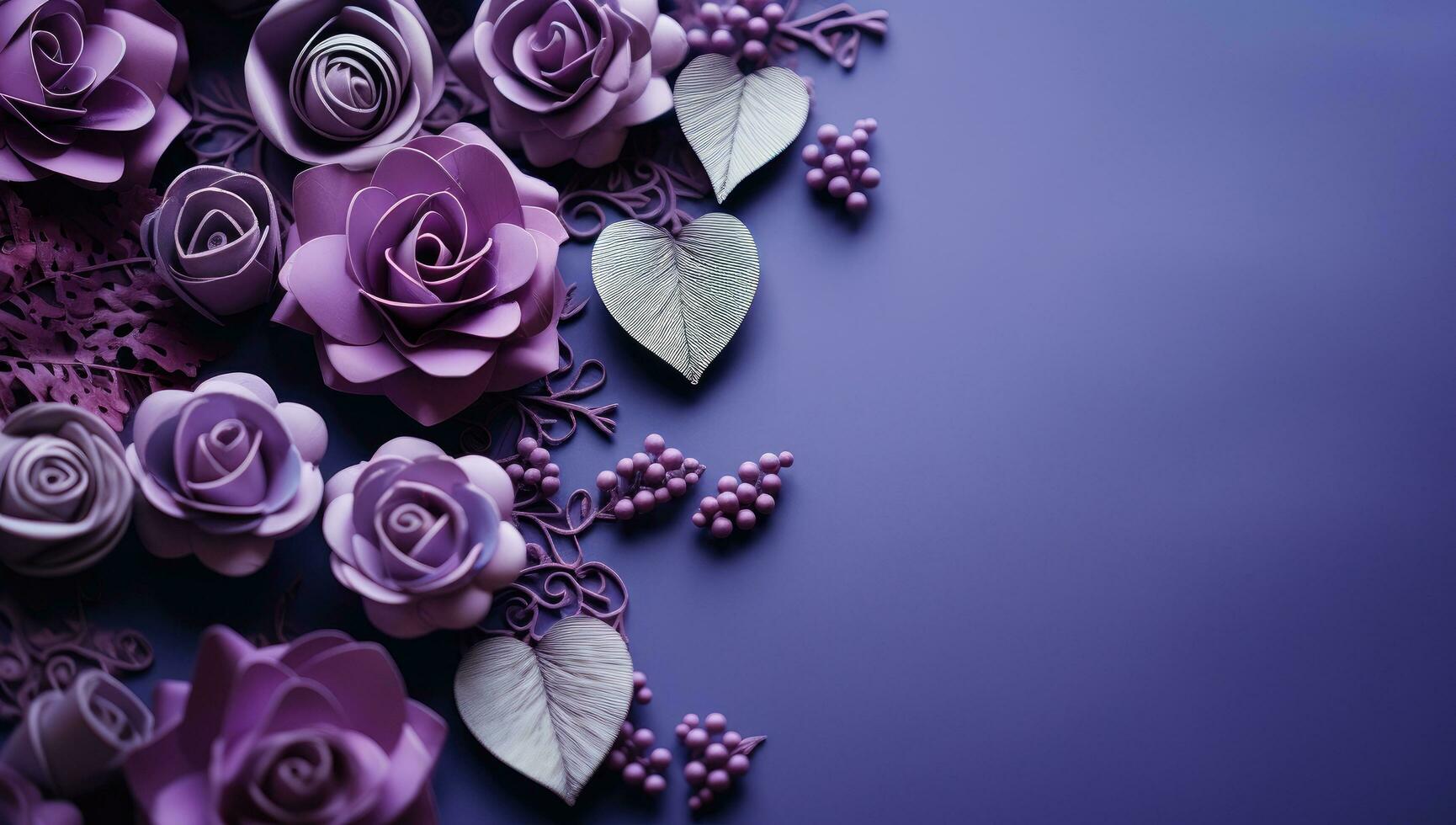 ai generado púrpura rosas y corazones en un Violeta antecedentes foto